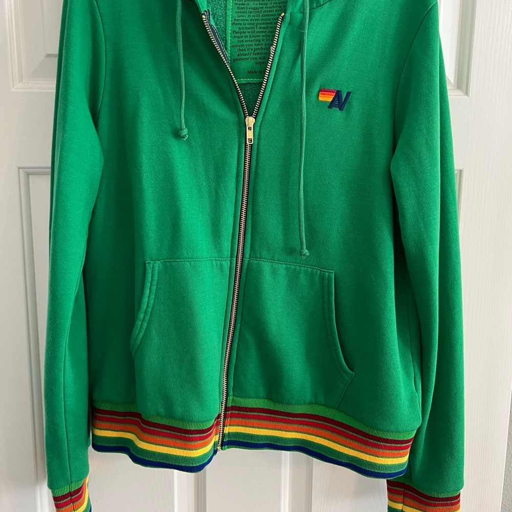 Aviator Nation green zip up hoodie with striped band. Size Medium. NWT.